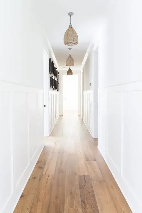 Narrow Townhouse Interior, Board And Batten Hallway, Hallway Lights, Villa Renovation, Porter Davis, White Hallway, Wainscoting Styles, Hallway Walls, Hallway Inspiration