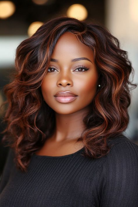 27 Jaw-Dropping Fall Hair Colors For Women With Dark Skin Tones Cinnamon Color Hair Black Women, Fall Hair Color Black Women Natural, Color 4 Hair On Black Women, Fall Color Black Women Hair, Hair Color For African American Women, Ginger Copper Hair Black Women, Auburn Highlights On Dark Hair, Black Professional Hairstyles, Fall Colors Hair Black Women