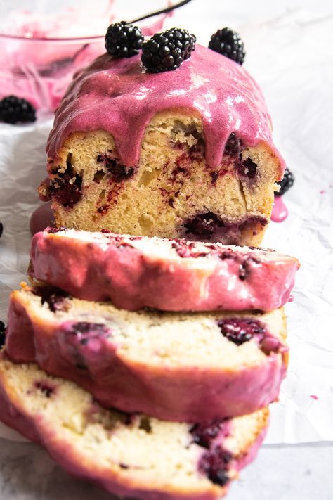 Blackberry Loaf Cake - Good Things Baking Co Blackberry Loaf Cake, Blackberry Loaf, Bread Bowl Soup, Blueberry Muffin Bread, Blackberry Cake, Cool Morning, Pumpkin Spice Donut, Shortbread Bars, Blueberry Scones