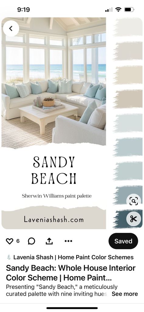 Beach House Paint Colors Interior, House Interior Color, Beach House Interior Colors, Home Paint Color Palette, Beach House Color Palette, Color Palette Sherwin Williams, Modern Coastal Interior Design, Farmhouse Color Scheme, Calm Beach