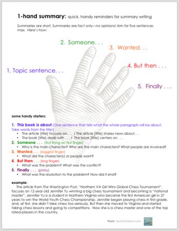 how to teach summary writing: the 1-hand summary 03 | 23 | 2015how to teach summary writing: the 1-hand summary Summary Page Design, Teaching Summary Writing, Teaching Summary, Fifth Grade Writing, Learning Journal, Teaching Mama, Elementary Books, Summary Writing, Chapter Summary