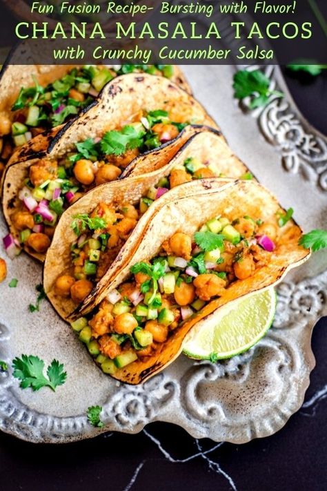 Chickpea Filling, New Year's Eve Food, Fusion Tacos, Fusion Recipes, Cucumber Salsa, Shredded Chicken Tacos, Indian Appetizers, Vegan Chickpea, Fusion Dishes