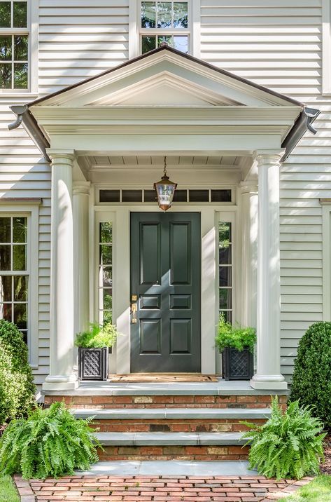 Portico Entry Colonial, Colonial House Front Porch, Colonial Revival House Exterior, Colonial Revival Exterior, Colonial Front Porch, Colonial Front Door, Colonial Porch, Front Door Portico, Portico Designs