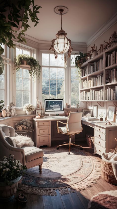 Create a luxurious sunroom office with elegant decor and plenty of natural light. Use classy furniture and sophisticated accents to transform your workspace into a haven of productivity and style. #sunroom #luxuriousstyle #officeinspo #elegantoffice #homedécor #naturalight #officecolors #officeorganization #decoration #homeofficeideas Sunroom Library Ideas, Luxurious Sunroom, Fairytale Office, Dream Office Home, Library Office Room Ideas, Cottage Style Office, Party Food Chicken, Library Sunroom, Chicken Waffle Sliders