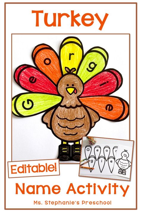 Turkey Name Craft Activity to make this Thanksgiving Thanksgiving Turkey Activities For Kids, Turkey Name Activity Preschool, Name Turkey Craft, Shape Turkey Crafts Preschool, Thanksgiving Theme Preschool Crafts, Turkey Names For Preschool, Turkey Name Activity, Thanksgiving Week Activities Preschool, Thanksgiving Week Activities Kindergarten