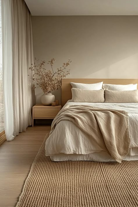 Simple Beautiful Bedrooms, Bedroom Color Combination With White, Hotel Bedroom Inspirations, Minimalist Bedroom Color Palettes, White Hotel Bedroom, Minimalist Master Bedrooms Decor, Bed Color Combinations, Bedroom Symmetry, Minimalistic Bedroom Ideas