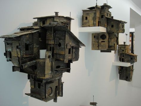 Cardboard City, Dystopian Art, Maria Isabel, Beyond Borders, Architectural Sculpture, Cardboard Sculpture, Cardboard House, Cardboard Art, Ceramic Houses