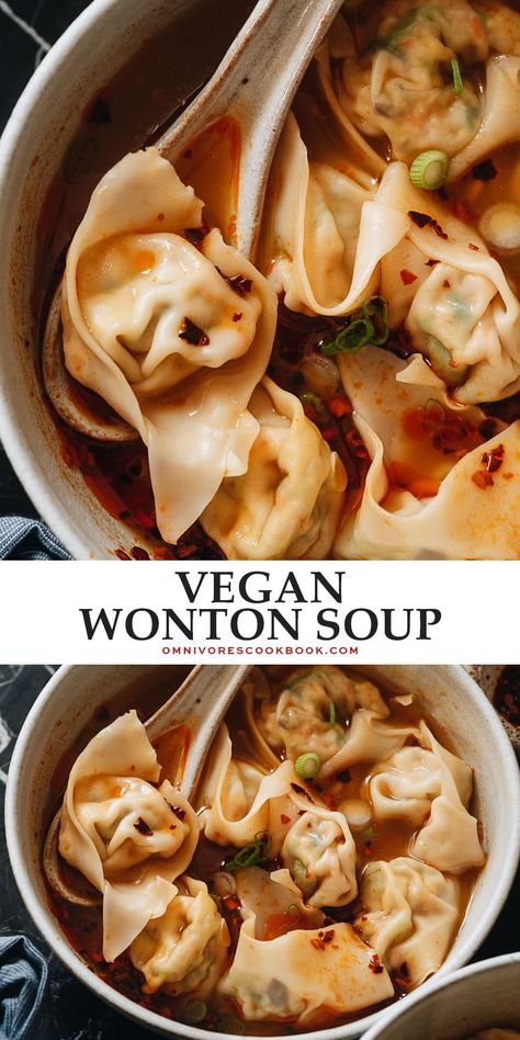 Vegan Wonton Soup is a restaurant-quality treat that celebrates the bright flavors and diverse textures of a number of different veggies. The homemade broth is rich with umami and deeply comforting. The wontons and soup combine for a bowl of hot nourishment that is hard to beat. Wonton Soup Vegan, Wonton And Noodle Soup, Vegan Wonton Filling, Vegan Wonton Soup, Wonton Noodle Soup Recipe, Wonton Soup With Frozen Wontons, Vegan Wontons, Vegan Wonton, Vegetable Wontons