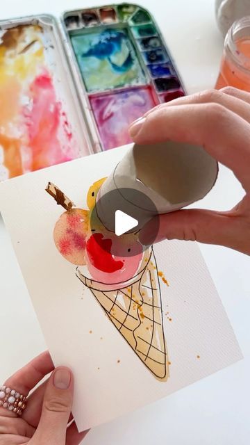 Watercolor Art Ice Cream, Ice Cream Watercolor Painting, Watercolor For Kids Easy, Summer Watercolor Paintings Easy, Kids Watercolor Painting Ideas, Cute Watercolor Paintings Easy, Watercolor Easy Painting, Water Colour Painting Ideas Inspiration, Fun Watercolor Ideas