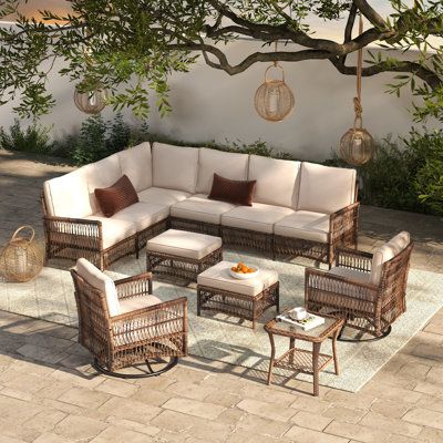 Create a luxurious and inviting outdoor space with the 8-Person Rattan Sectional Seating Group. Crafted with meticulous attention to detail and designed for both style and comfort, this exquisite furniture set will transform your patio into a haven of relaxation and elegance. Picture yourself lounging on plush cushions, basking in the warm sunshine, while surrounded by the natural beauty of handwoven rattan. The seating group exudes a timeless charm that effortlessly blends with any outdoor sett Brown Outdoor Furniture, Sectional Patio Furniture, Porch Furniture, Patio Sectional, Modern Patio, Beachcrest Home, Outdoor Sectional, Patio Set, Patio Furniture Sets