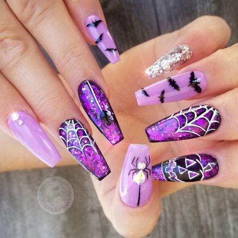 Pumpkin spider web bats glitter purple halloween nails art inspired Ongles Gel Violet, Holloween Nails, Boho Nails, Witchy Nails, Halloween Acrylic Nails, Cute Halloween Nails, October Nails, Goth Nails, Black Nail Designs