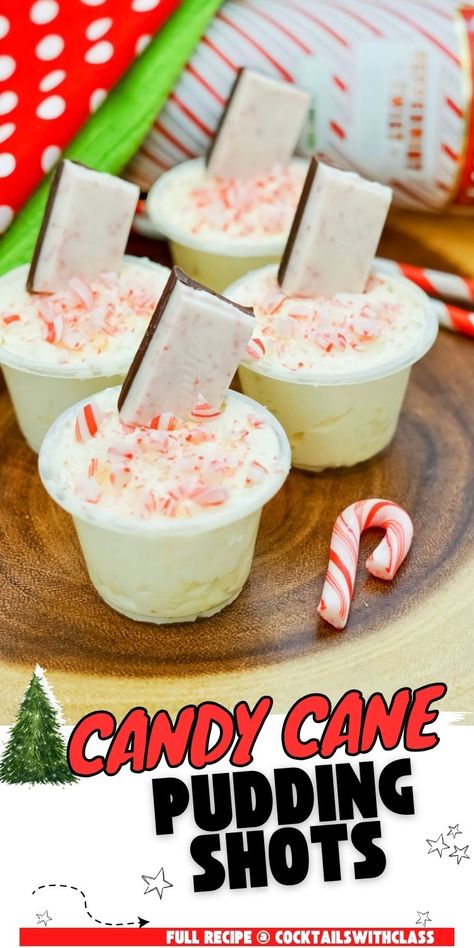 These peppermint bark pudding shots are just the thing you need on your Christmas drinks menu. Wow your guests with these easy-to-make candy cane shots. Candy cane pudding shots, Christmas pudding shots, peppermint pudding shots Pudding Shots Christmas, Christmas Pudding Shots, Christmas Shots Alcohol, Christmas Dessert Drinks, Holiday Pudding, Christmas Party Treats, Cocktail Inspiration, Xmas Pudding, Christmas Shots