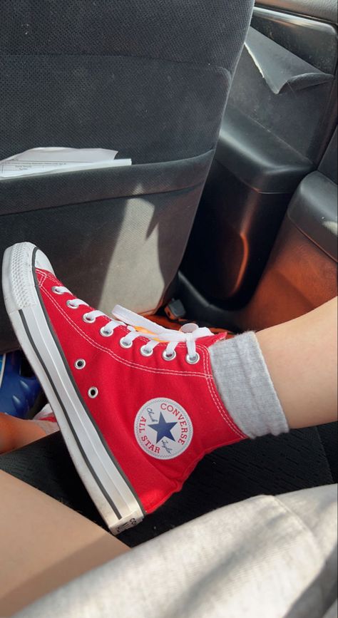 Red Converse Aesthetic, High Converse, Knee High Converse, Converse Aesthetic, Cute Converse, Red High Tops, Shoes Aesthetic, Red Converse, Girls Converse