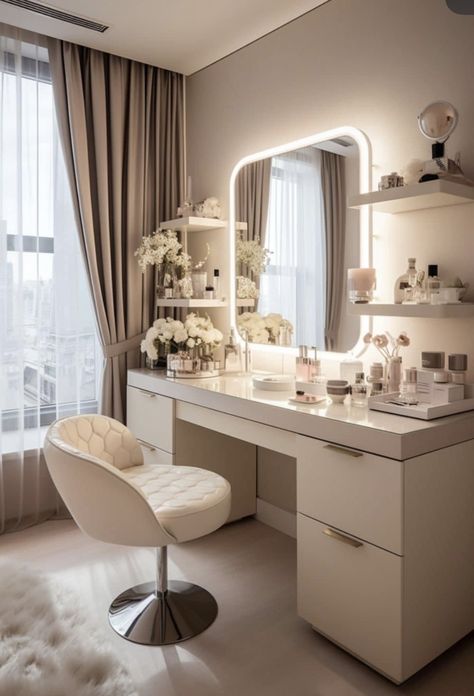 Modern Makeup Room, Makeup Dresser Ideas, Vanity Room Aesthetic, Vanity Bedroom Ideas, Vanity Ideas Bedroom Modern Luxury, Vanity Table Aesthetic, Makeup Table Ideas Bedrooms, Makeup Table Aesthetic, Makeup Vanity Aesthetic