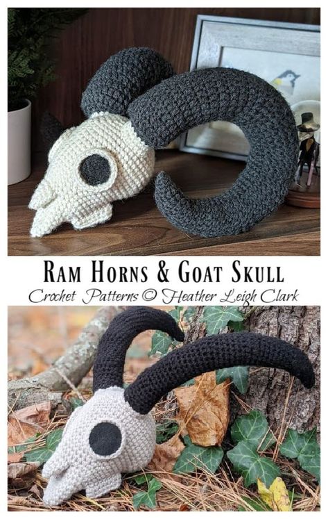 Dog Clothing Crochet Patterns Free, Crochet Curved Horn Pattern, Gothic Amigurumi Free Pattern, Goat Skull Crochet Pattern Free, Skull Free Crochet Pattern, Ram Crochet Pattern, Crochet Horns Pattern, Coolest Crochet Projects, Cute Bat Crochet Pattern Free