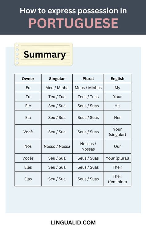 Possessive Pronouns In Portuguese Learning Portuguese Brazil, How To Speak Portuguese, Portuguese To English, Learn To Speak Portuguese, Portuguese Phrases, Portuguese Grammar, Portuguese Language Learning, Words In Different Languages, Portuguese Words