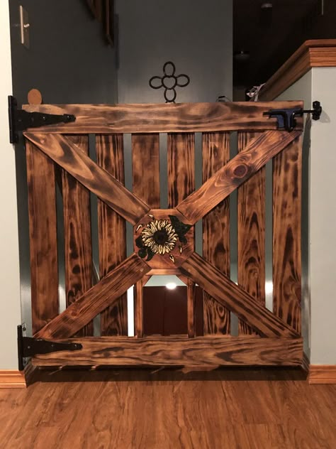 Rustic Baby Gates, Baby Gate Barn Door, Farmhouse Dog Gate, Barn Door Gate For Stairs, Pallet Dog Gate, Barn Door Dog Gate, Diy Dog Gate With Cat Door, Wood Dog Gates Indoor, Half Barn Door Gate