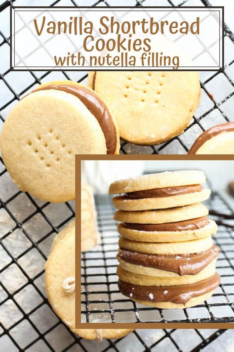 Shortbread Cookies With Nutella, Nutella Shortbread Cookies, Nutella Shortbread, Cookies With Chocolate Ganache, Vanilla Shortbread Cookies, Cookies With Nutella, Shortbread Desserts, Easy Shortbread Cookie Recipe, Nutella Cookies Recipe