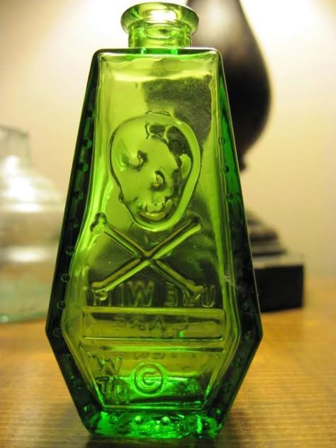 Green:  #Green antique poison bottle. Poison Bottles, Poison Bottle, Black Phillip, Halloween Apothecary, Bottle Collection, Antique Glass Bottles, Green Glass Bottles, Vintage Jars, Apothecary Bottles