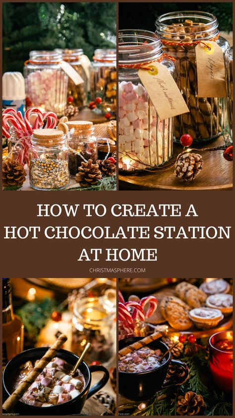 How to create a hot chocolate station at home - ideas for toppings, props, and setup Tea And Hot Chocolate Station, Hot Chocolate Corner Ideas, Christmas Craft Station, Home Hot Chocolate Bar, How To Serve Hot Chocolate At A Party, Hot Chocolate Display, Holiday Drink Station, Hot Chocolate Station Ideas Countertop, Hot Chocolate Station Christmas