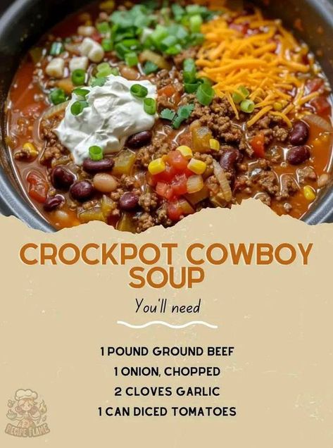 kent Rollins Recipes | Crockpot Cowboy Soup 🍲 | Facebook Crockpot Cowboy Soup, Cowboy Recipes, Recipes With Diced Tomatoes, Cowboy Soup, Mini Crockpot Recipes, Warm Soup Recipes, Quick Soup Recipes, Rv Redo, Quick Soup