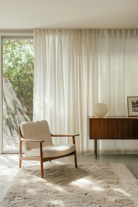 Curtains Living Room Mid Century Modern, Mid Century Modern Curtains Living Rooms, Mid Century Curtains Living Room, Mid Century Modern Living Room Minimalist, Mid Century Minimalist Living Room, Midcentury Modern Living Room Design, Curtains Mid Century, Mid Century Curtains, Modern White Living Room