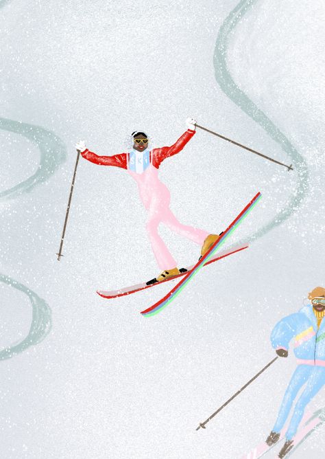 skiing downhill in her gorgeous pink salapettes and red and blue ski jumper in this illustration Shoreditch Ski Club, Apres Ski Illustration, 80s Ski Party, Vintage Skiing Aesthetic, Ski Designs, Aspen Winter, Winter Challenge, Apre Ski, Cinnamon Christmas