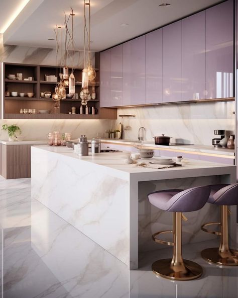 Lilac Kitchen Ideas, White And Purple Kitchen, Lottery Manifestation, Modern Mansion Kitchen, Lilac Kitchen, Mansion Kitchen, Purple Kitchen, Interior Design Your Home, Kitchens Luxury