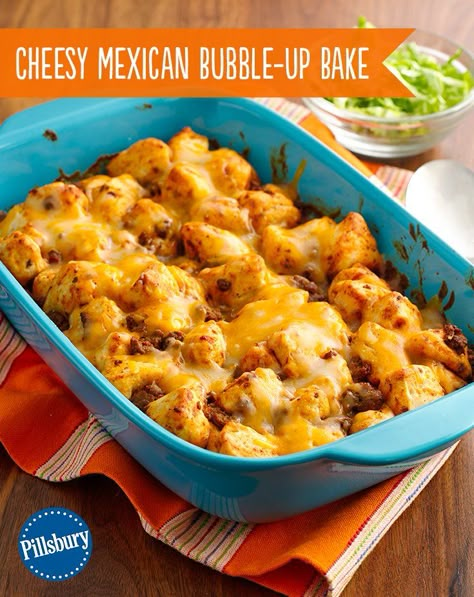 Dinnertime is the best time after having this Cheesy Mexican Bubble-Up Bake! This biscuit-topped casserole is a snap to put together with just five ingredients plus your favorite taco toppings. Try this easy dinner recipe that the whole family will love! Pillsbury Recipes, Baked Dinner, Bubble Up, Recipe Board, Kielbasa, Healthy Eating Tips, Quesadillas, Casserole Dish, Tex Mex