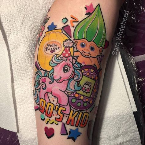 90's Kid tattoo by @samwhiteheadtattoos at Blind Eye Tattoo Companyin Leeds U.K. #samwhiteheadtattoos #samwhitehead #leeds #uk #unitedkingdom #90s #90skid #mylittlepony #mylittleponytattoo #troll #trolldoll#trolltattoo #trolldolltattoo #pollypocket#pollypockettattoo #tamagotchi #tamagotchitattoo 90s Baby Tattoo, My Little Pony Tattoo, 90s Tattoos, Baby Tattoo Designs, Leeds Uk, Retro Tattoos, Tattoo Inspiration Men, Famous Tattoos, Cartoon Character Tattoos