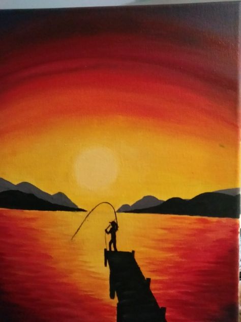 Sunset lake fishing silhouette acrylic painting June Painting Ideas, Silhouette Acrylic Painting, Fisherman Silhouette, Fishing Silhouette, Fishing Painting, Waterfall Drawing, Acrylic Painting For Kids, Drawing Sunset, Colourful Background