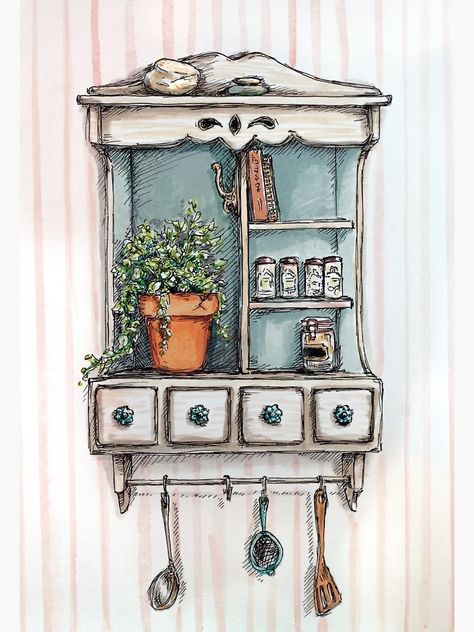 "Little Shelf" Greeting Card for Sale by StrangePersimon | Redbubble Drawing Of Kitchen, Shelf Drawing, Cottagecore Drawing, Watercolor Kitchen, Interior Design Sketchbook, Little Shelf, Art & Craft Paint, Architecture Drawing Art, Small Drawings