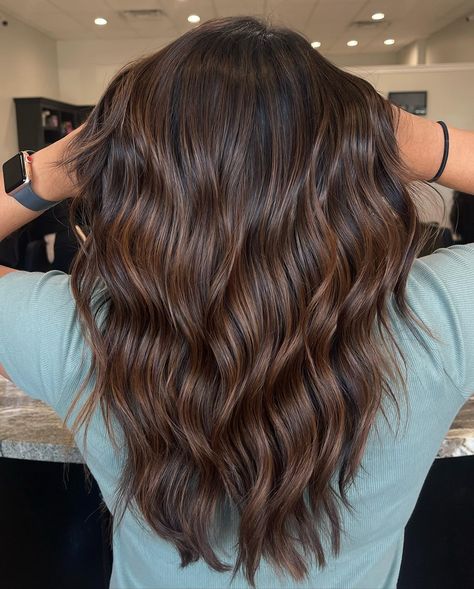 Milk Chocolate Brown Balayage, Rich Chocolate Brown Balayage, Cocoa Brown Hair Balayage, Dark Brown To Medium Brown Balayage, Chocolate Balayage Hair Caramel, Espresso Brown Balayage, Curly Hair Balayage Brown, Reverse Balayage Brunette Dark Brown, Brown Balayage Curly Hair