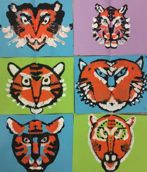 Mrs. Knight's Smartest Artists: Tiger symmetry prints in 2nd grade Tiger Art Project, Symmetry Art For Kids, Asian Art Projects, Elementary Art Lesson Plans, Symmetry Painting, 2nd Grade Art, 3rd Grade Art, Jr Art, Symmetry Art