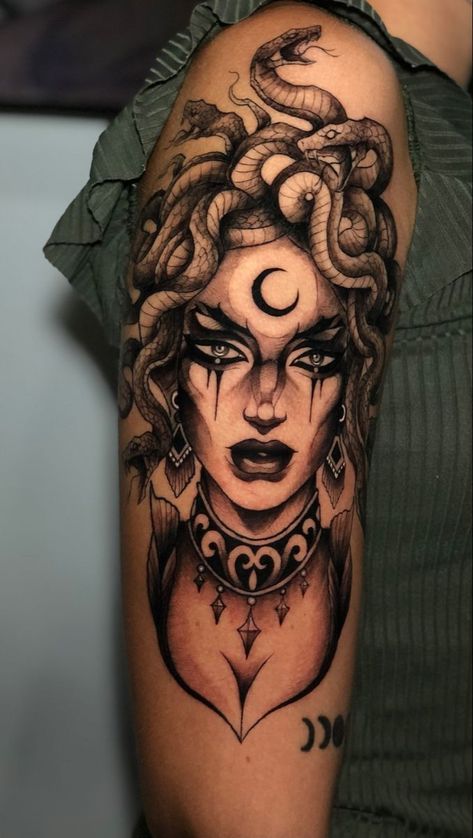 #medusa #gorgontattoo #medusatattoo #goddesstattoo #greekgodtattoo #womentattoos #femaletattoo #underworldtattoo #tattoo #blackwork #sketchtattoo #coloredtattoo #blacktattoo #armtattoo #darkart #sleevetattoo #sleeve #dark #tattoosketch #toptattoo #viraltattoo #tattooformen #mentattoo #newtattoo #tats #tattooideas #tattoo #newtattooideas #tattoodesign Feme Fatale Tattoo, Medusa Half Sleeve Tattoos For Women, Witchy Medusa Tattoo, Medusa Throat Tattoo, Witchy Hip Tattoo, Medusa Tattoo Hip, Gargoyle Tattoo For Women, Wrap Around Ankle Tattoos, Tattoo Medusa