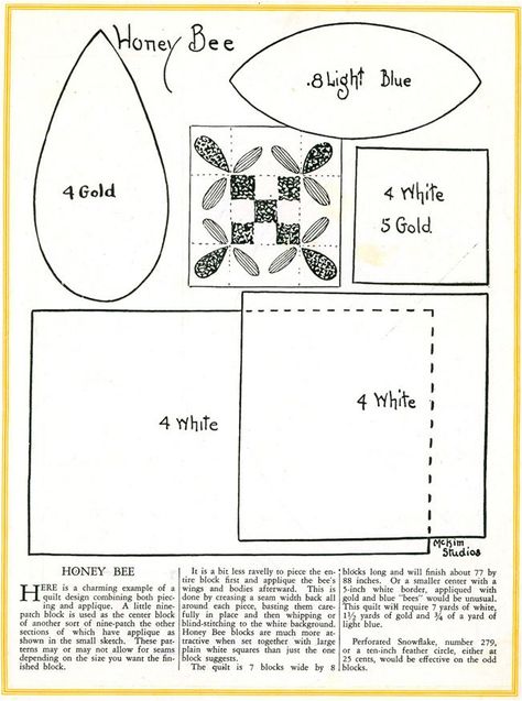 Honey Bee Quilt Block pattern from the 1920s. A version of a nine patch block done with piecing and applique. Honey Bee Quilt Block Patterns, Bee Quilt Blocks, Honey Bee Quilt Pattern, Bee Quilt Block, Bee Quilt Pattern, Honey Bee Quilt, Bee Projects, Bee Quilts, Castle Cottage