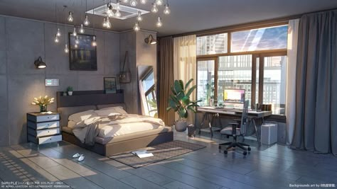 Anime Home Interior, Anime Bedrooms Backgrounds, Apartment Anime Background, Anime House Interior Bedroom, Anime Apartment Interior, Anime House Interior, Manhwa Bedroom, Anime Apartment, Anime Bedroom Background