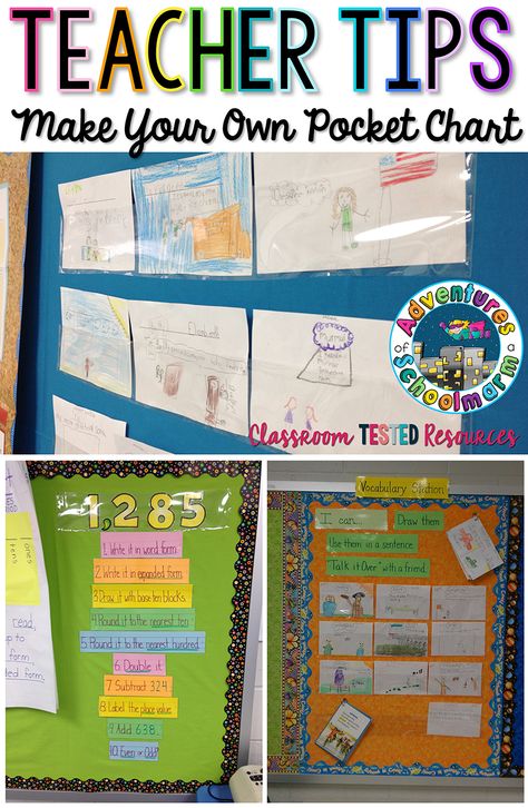 DIY Pocket Charts - great for quickly changing items on a bulletin board. Pocket Charts In The Classroom, Diy Pocket Chart, Weekly Schedule Board, Teacher Binder Ideas, Vocabulary Stations, Bulletin Board Wall, Teacher Advice, Literacy Classroom, Fifth Grade Classroom