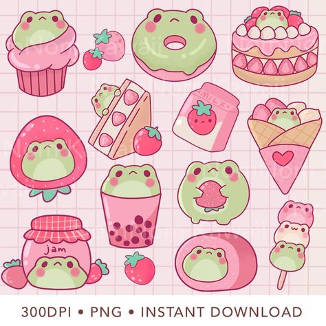 Kawaii Food Drawings, Kawaii Food Art, Frog Png, Strawberry Frog, Frog Clipart, Strawberry Clipart, Kawaii Strawberry, Kawaii Fruit, 귀여운 음식 그림