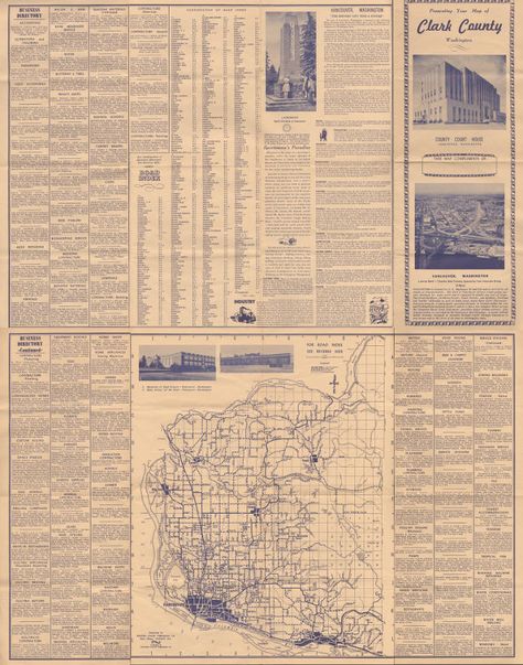 Clark County Map with Business Directory 1950 - Mapping Clark County - WSU Libraries Digital Collections Vancouver Washington, Clark County, County Map, Lewis And Clark, Rocky Mountains, Vintage Photos, Vancouver, The City, Bathrooms