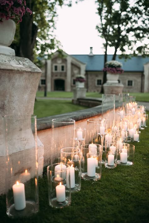 Candles Wedding Ceremony Aisle, Wedding No Flowers Decor, Candle Heavy Tablescape, Cipriani Wedding, Candlelit Wedding Reception, Aisle Candles, Candlelit Wedding, Candle Lit Wedding, Courtyard Wedding