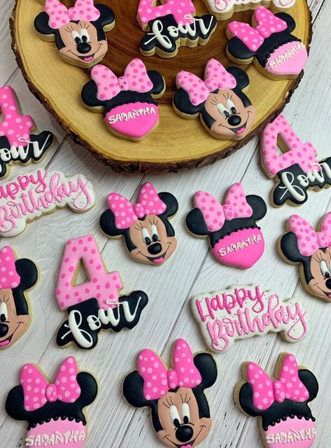 "Personalized Minnie Mouse cookies. It is made with high quality materials. Perfect decoration for your special party, so if you like it, just add your personalization and click \"Add to cart\" and we will prepare it for you. ITEM DETAILS  12 Sugar cookies  4xMinnie  4xName 2xnumber  2xHappy Birthday  If you want another amount, please contact us.  Each cookie is 3 - 4 inches tall & comes individually heat sealed in clear plastic to preserve freshness.  Sealed cookies can stay fresh for up to 3 Party Favors Minnie Mouse, Minnie Mouse Cookies Decorated 3rd Birthday, Minnie Mouse Fourth Birthday, Minnie Mouse Cookies 1st Birthday, Mini Mouse Theme Birthday Party, 2nd Birthday Party For Girl Minnie Mouse, Minnie Mouse Cookies 2nd Birthday, Minnie 3rd Birthday Party, Minnie Mouse Birthday Party Ideas 4th