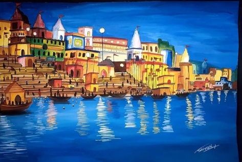 Ganga Ghat Painting, Ganga Painting, Ghat Painting, Ganga Ghat, Ganesh Puja, Shiva Painting, Colour Painting, Painting Canvases, Black And White Painting