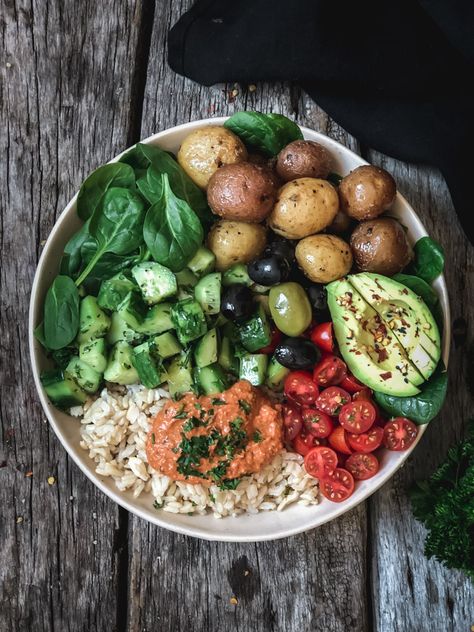 Dagwood Sandwich, Greek Roasted Potatoes, Mediterranean Bowl, Harissa Sauce, Mediterranean Bowls, Parsley Salad, Salad Avocado, Vegan Greek, Vegan Feta Cheese