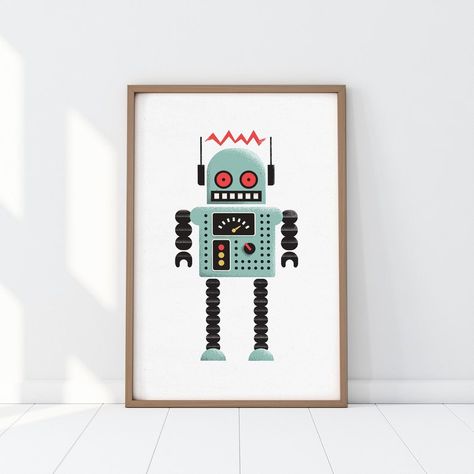 Robot Themed Bedroom, Robot Room, Robot Wall Art, Blue Robot, Themed Kids Room, Robot Print, Vintage Robots, Background Printable, Dinosaur Wall Art