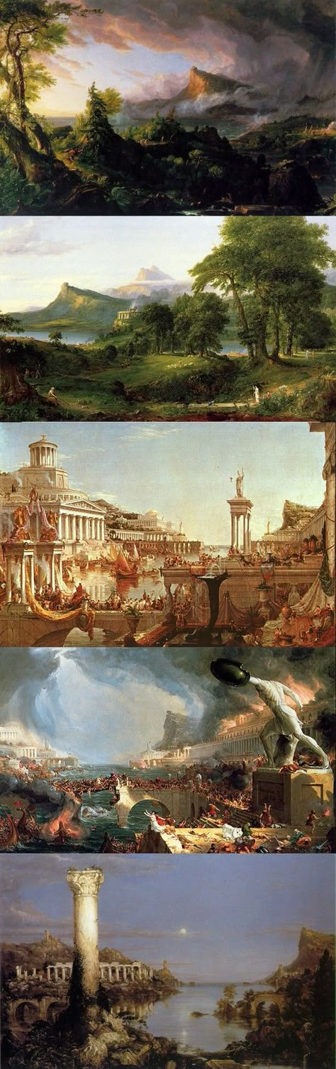 Thomas Cole "Course of Empire" [Savage State, Pastoral State, Consummation of Empire, Destruction, Desolation] 1833-36 Sandalpunk Aesthetic, Roman Paintings Aesthetic, Roman Empire Art, Course Of Empire, The Course Of Empire, Ancient Greece Mythology, Neoclassical Painting, Ancient Greece Aesthetic, Painting Series