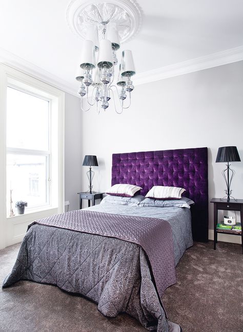 Bedroom with purple headboard Purple Wall Bedroom, Bedroom Purple Walls, Bedroom Suits, Purple Headboard, Purple Bedroom Design, Renovated Victorian, Purple Bedroom Decor, Bedroom Purple, Purple Bedrooms