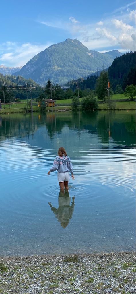 In Water Pose Reference, Standing In Water Reference, Person Standing In Water, 3d Beach Art, Standing In Water, Chapter Ideas, Lake Aesthetic, Colour Study, Fantasy Worlds