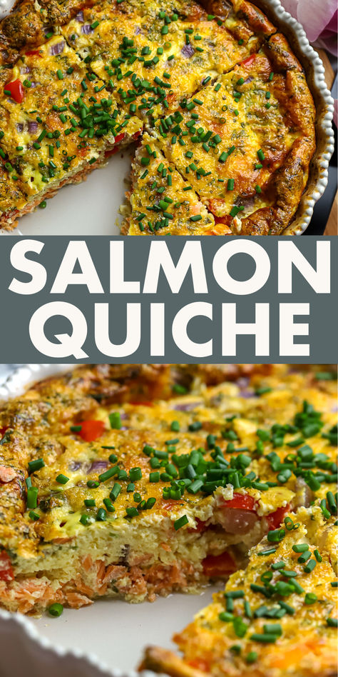 Our Salmon Quiche is a crustless quiche and perfect for a weekend brunch. It contains low carbs and is an excellent source of protein, as well as healthy fats and vegetables such as red onions, sweet red bell peppers, and cilantro.  Moreover, it has three different kinds of cheese, including parmesan, romano, and asiago, which adds to its scrumptiousness. Get the salmon quiche recipe on the blog. Salmon Quiche Recipes Easy, Salmon Quiche Recipes, Quiche Salmon, Seafood Quiche, Quiche Recipes Crustless, Salmon Quiche, Salmon Spinach, Quiche Recipes Easy, Red Bell Peppers