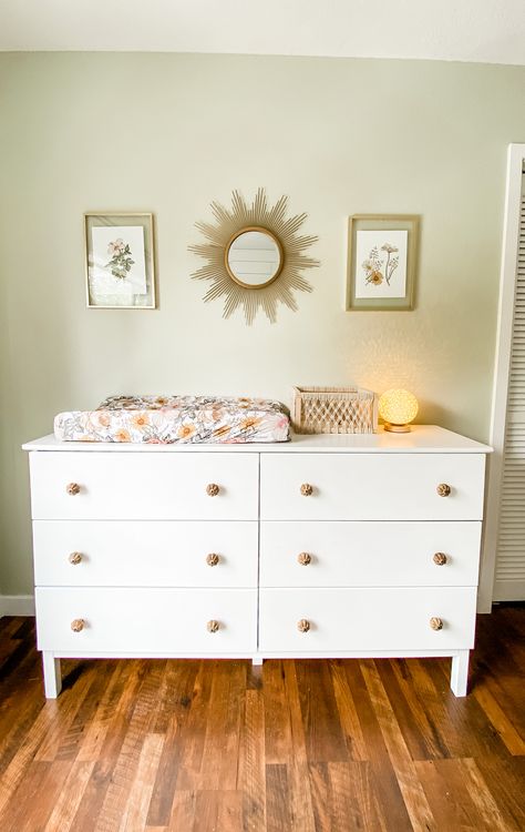 White Dresser Wood Knobs, White Dresser Knobs, Ikea Tarva Dresser Nursery, Tarva Dresser Nursery, Koppang Dresser Nursery, Tarva Dresser Painted, Boho Girl Nursery, White Nursery Furniture, Gender Nursery